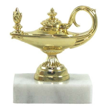5" gold academic lamp trophy on a white marble base with an engraving plate.