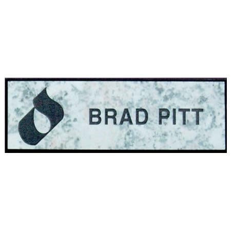 1"x3" engraved name badge with a white marble-like background, black border, black logo, and "BRAD PITT" in black text.