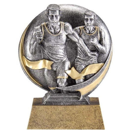 Silver and gold Motion X Circle of Excellence award with two runners and a finish line ribbon.