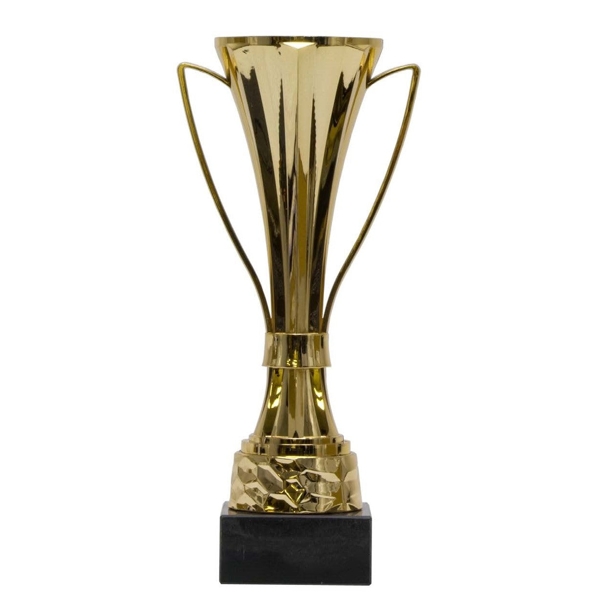 Modern gold flared loving cup trophy with handles, a textured base, and a black ebony stand.