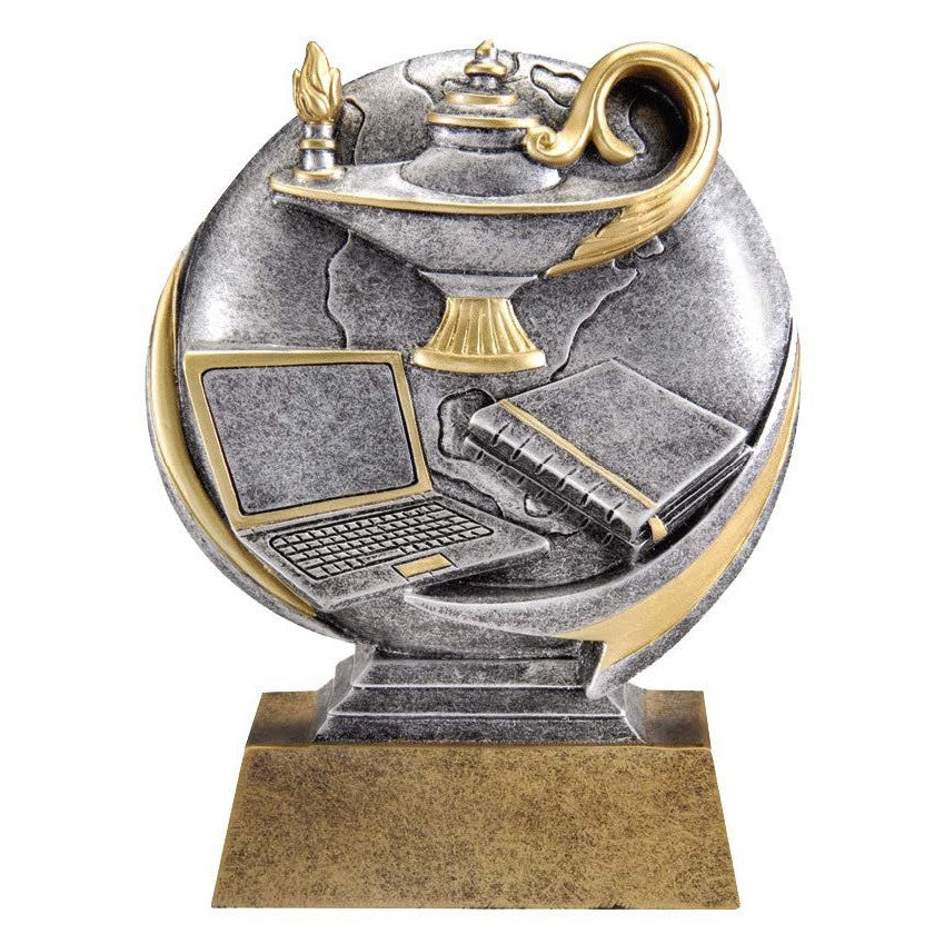 5.25" Motion X Silver & Gold Circle of Excellence resin award with laptop, book, and lamp design.