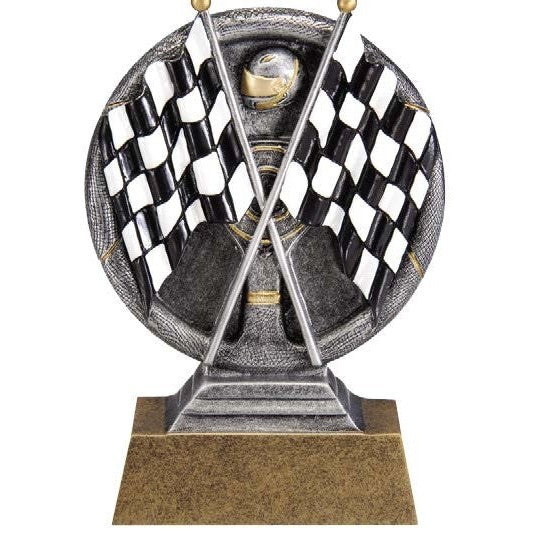 Silver and gold Motion X Circle of Excellence award with two checkered flags and a bronze base.