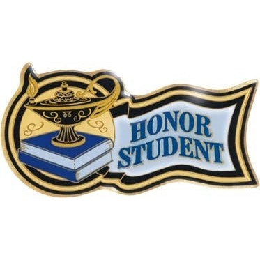 Gold and black Scholastic Award Pin with "Honor Student" in blue on a white banner, featuring a lamp and books.