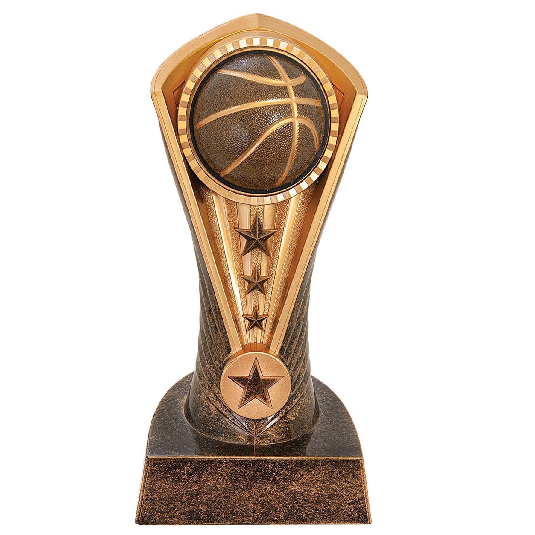Bronze and gold Cobra Series basketball award trophy with a basketball, stars, and a customizable gold plate.