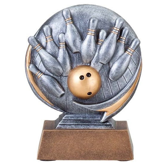 Silver and gold 5.25" Motion X bowling award with pins and a gold bowling ball.
