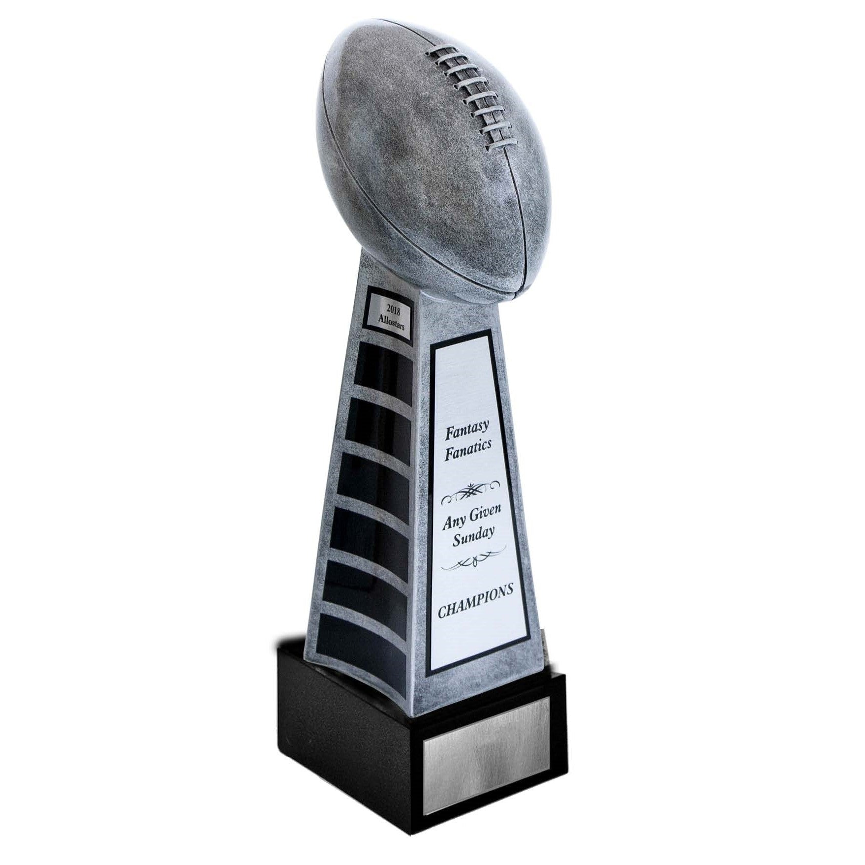 Glossy silver football trophy tower with perpetual plates on an ebony base.