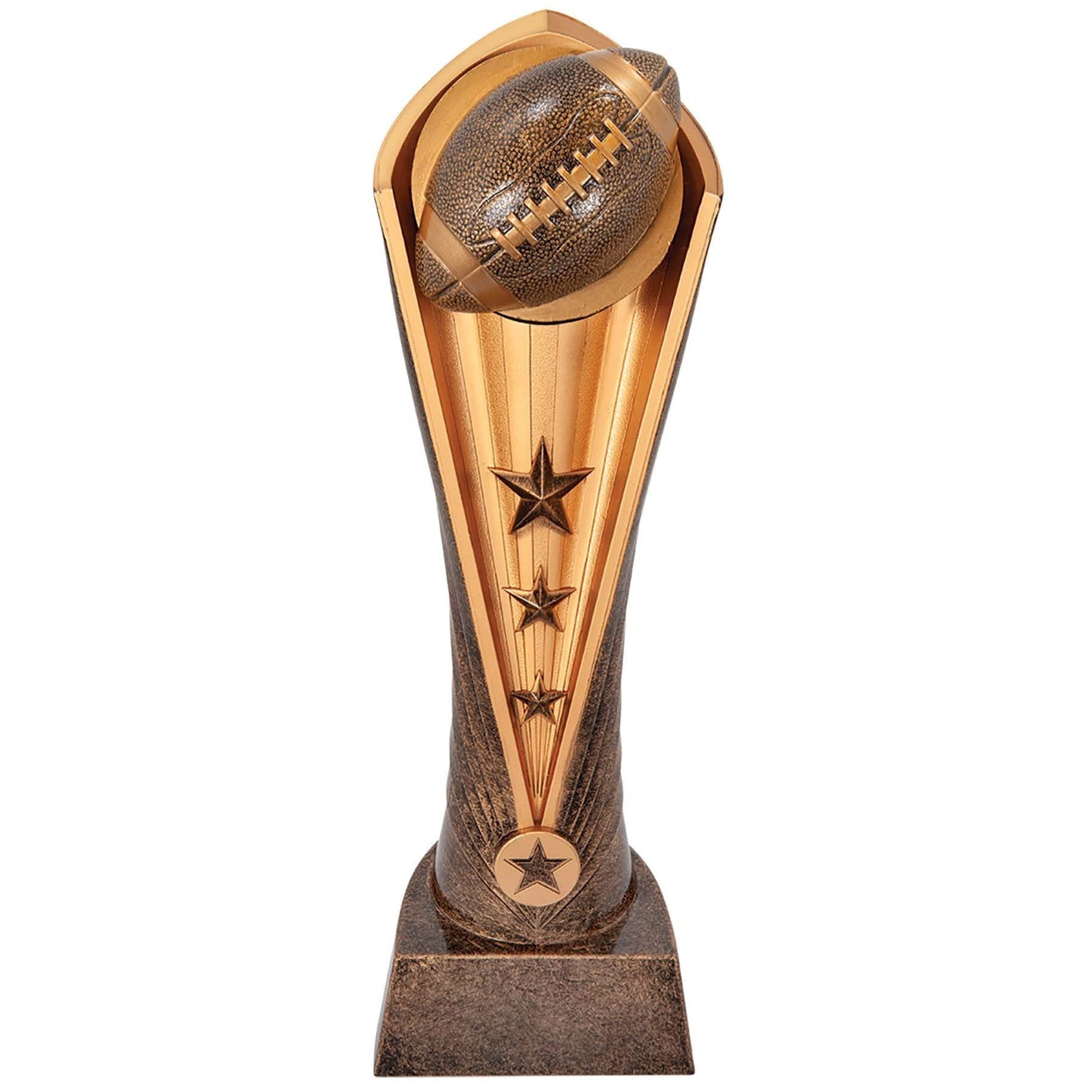 Bronze and gold Cobra Series Football Trophy with a textured football, stars, and a rectangular base.