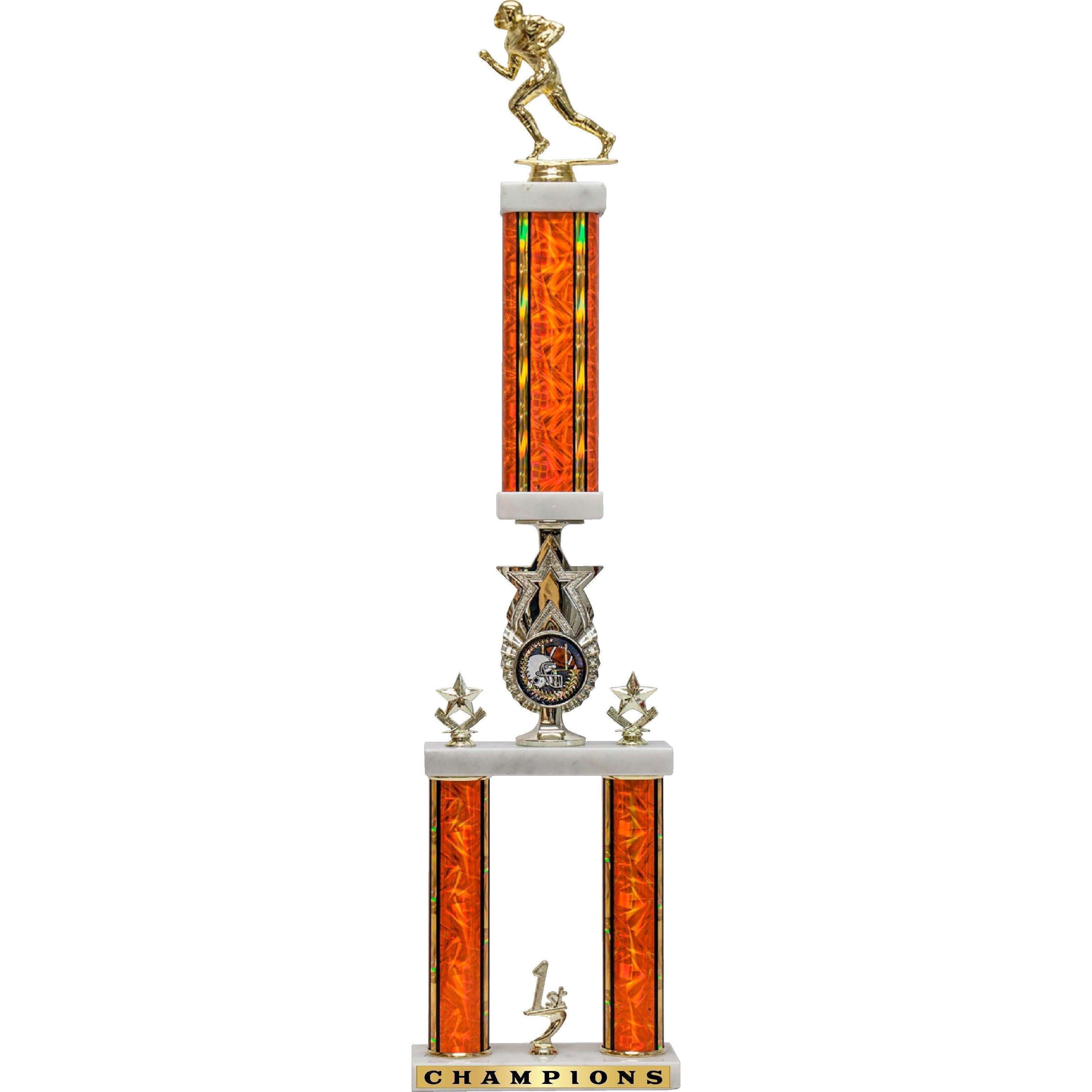 Tall 2-post team trophy with gold runner figurine, orange rectangular columns, star riser, and "CHAMPIONS" base.