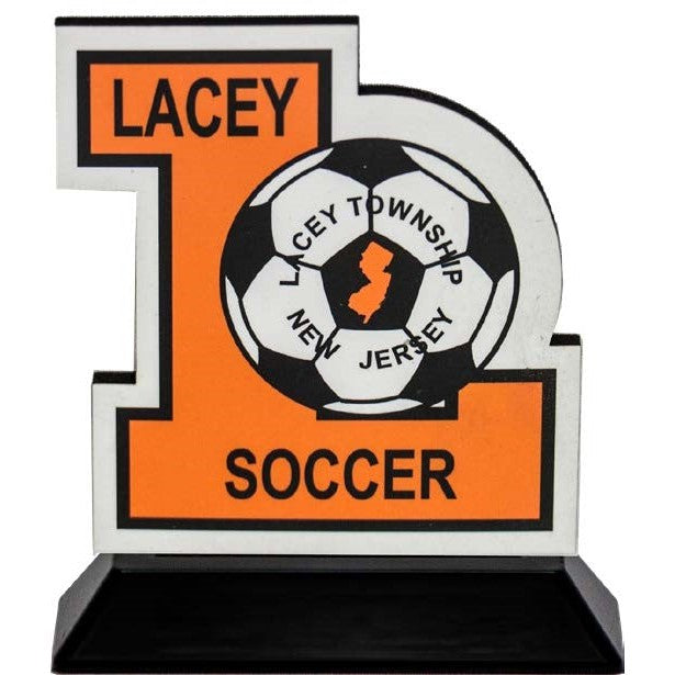 Custom cut Lacey Township Soccer award with a soccer ball, New Jersey outline, and black ebony base.