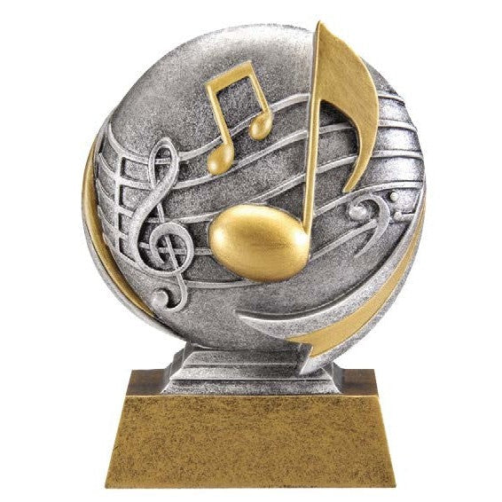 Silver and gold resin Motion X Circle of Excellence award with musical notes and staff design.