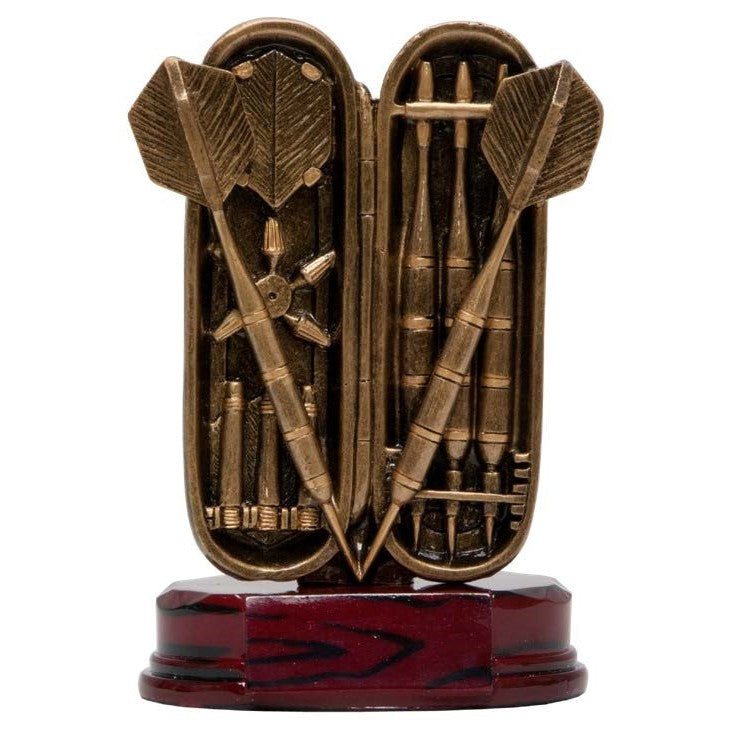 Bronze resin dart set award with two darts, open case, and cherry-finish base.