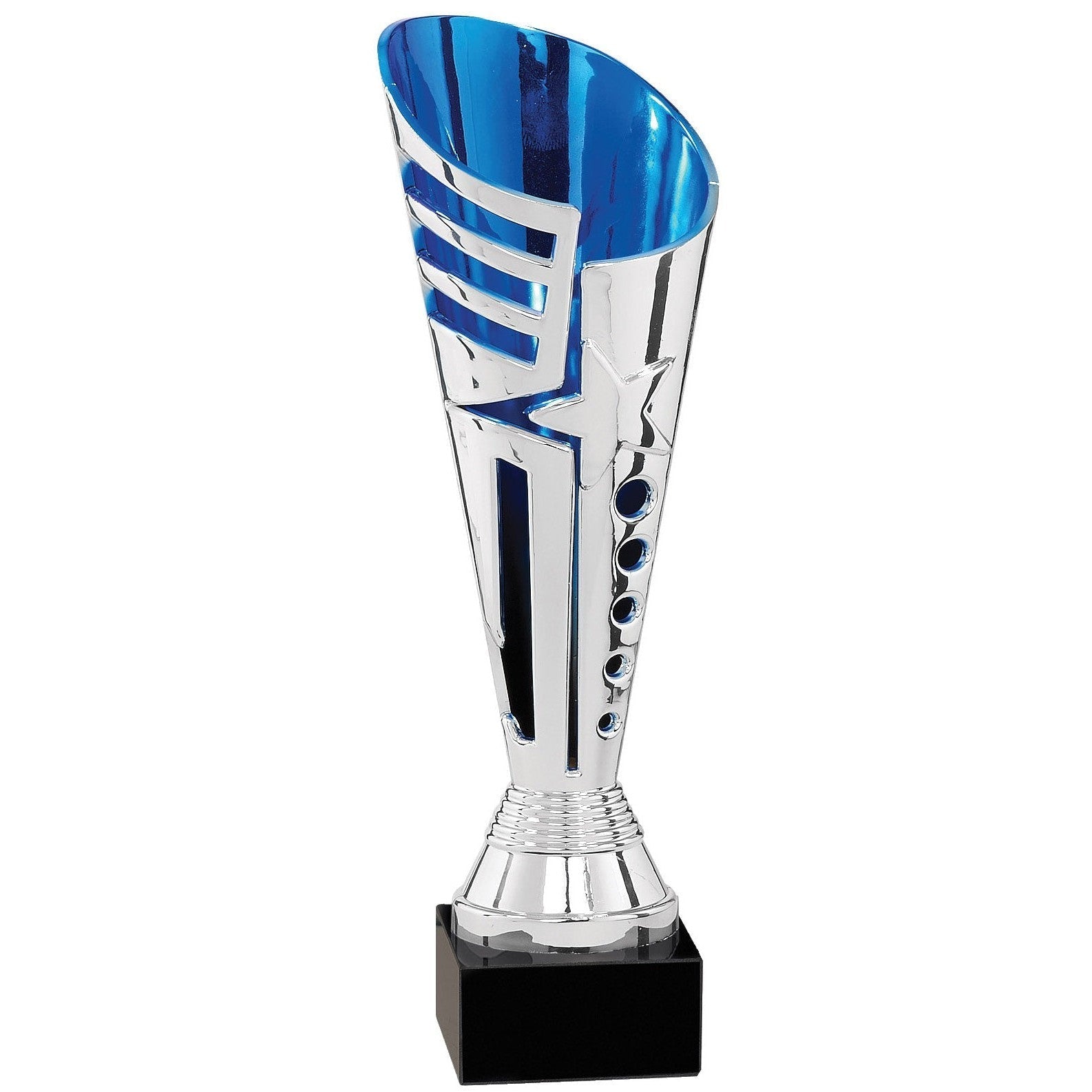 Modern Radiant Star Cup, silver and blue with star accent, on a black marble base.