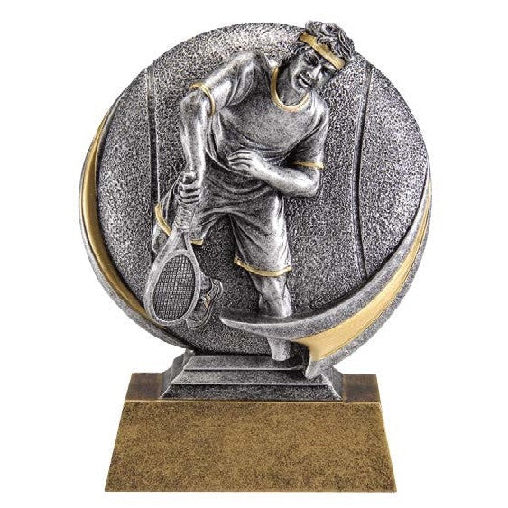 5.25" silver and gold Motion X Circle of Excellence tennis award with a male player.