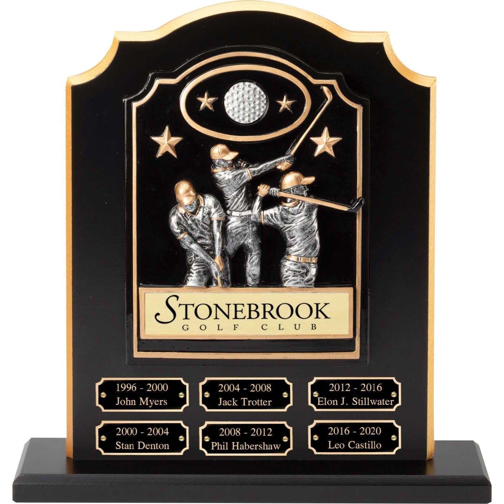 Black perpetual stand with golden accents, featuring three golf figures, a golf ball, and six perpetual plates.