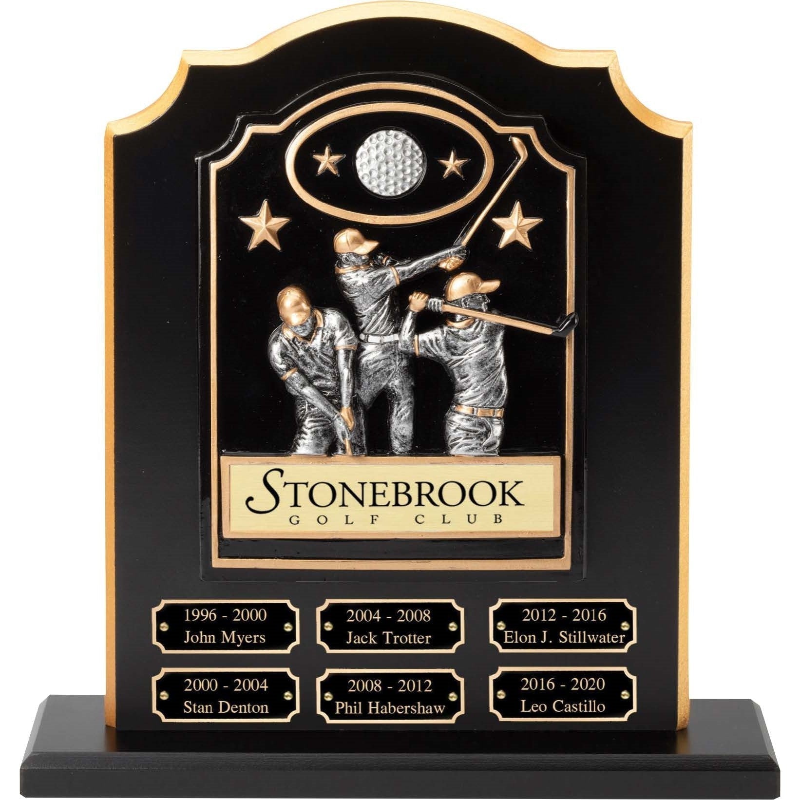 Black perpetual stand with golden accents, featuring three golf figures, a golf ball, and six perpetual plates.