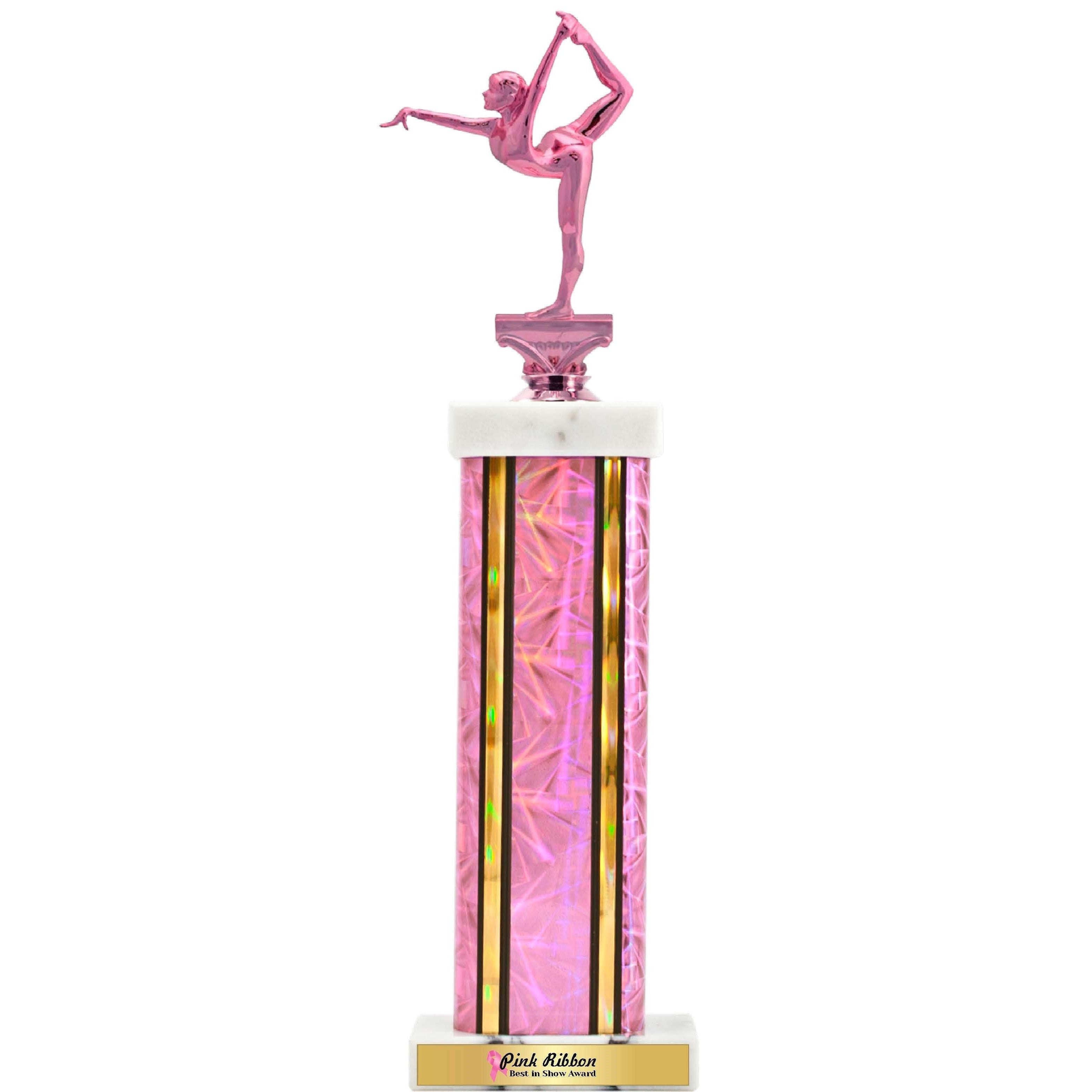 Pink rectangle column trophy with a dancer figure, gold plate, and marble-look base.