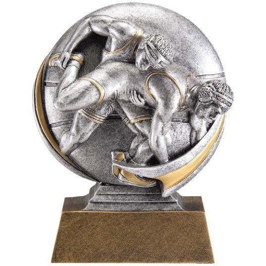 Silver and gold 5.25" Motion X resin wrestling award with two figures and a customizable plate.