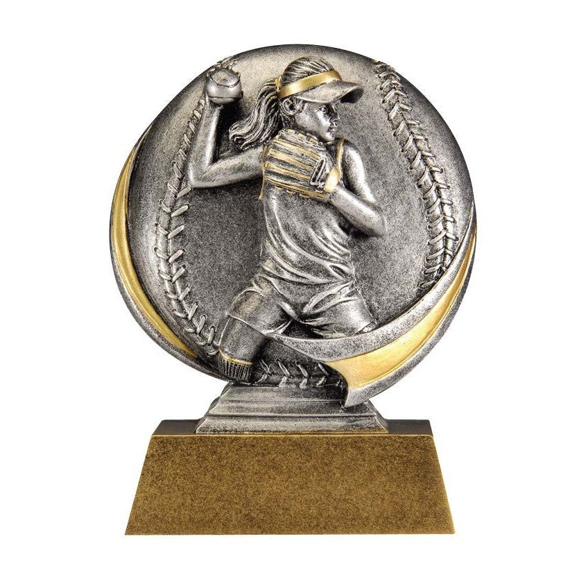 Silver and gold 5.25" Motion X Circle of Excellence softball award with a female pitcher and baseball texture.