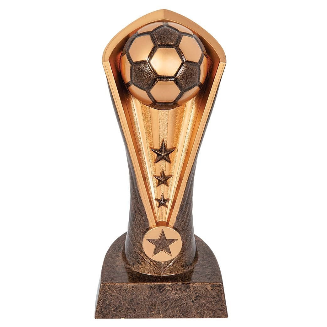 Bronze and gold Cobra Series soccer trophy with a metallic soccer ball, three stars, and a star on the base.