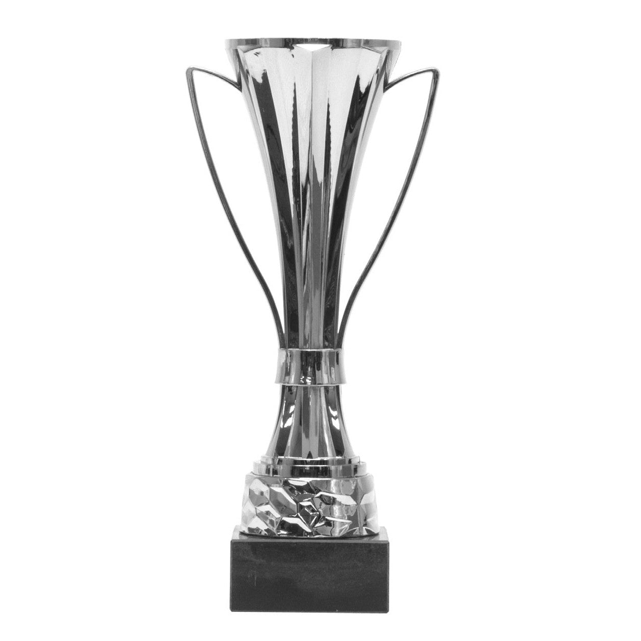 Silver flared loving cup trophy with two handles on a black ebony base.
