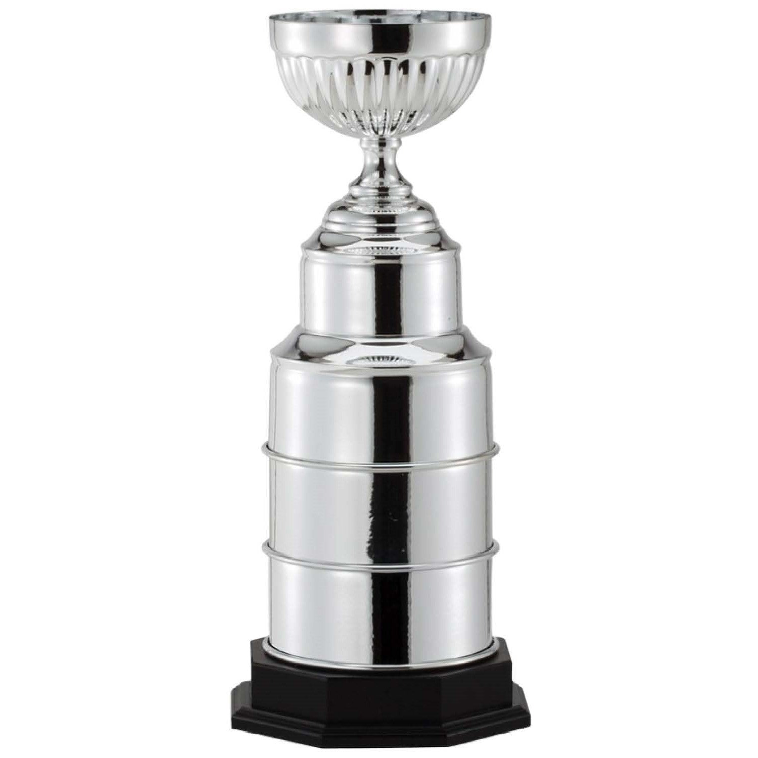 Gleaming silver perpetual championship cup with customizable rings and a black base.