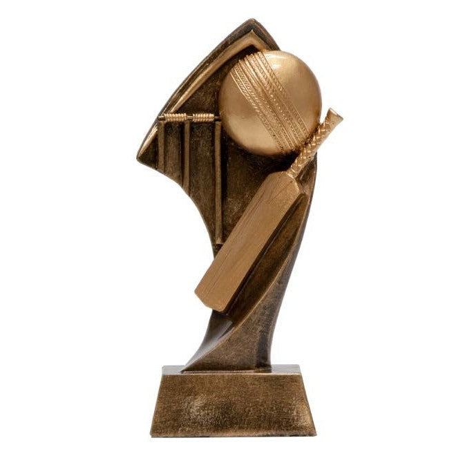 Bronze resin cricket award with bat, ball, and wickets on a rectangular base.