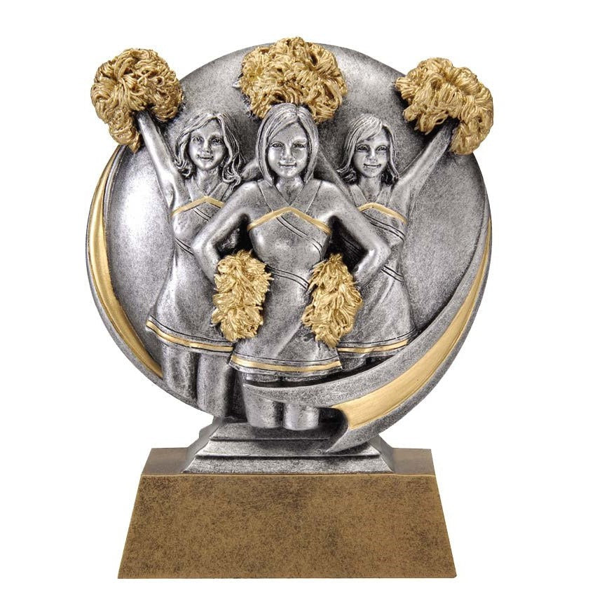 Silver and gold Motion X Circle of Excellence award featuring three cheerleaders with pom-poms.