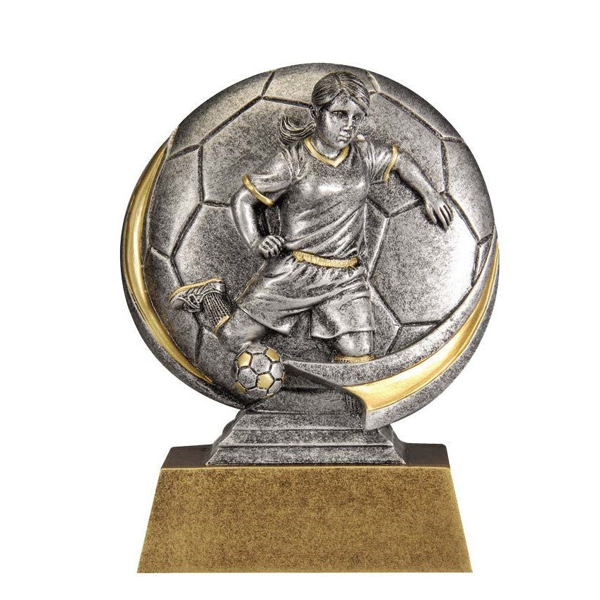 5.25" silver and gold resin award with a female soccer player on a textured soccer ball design.