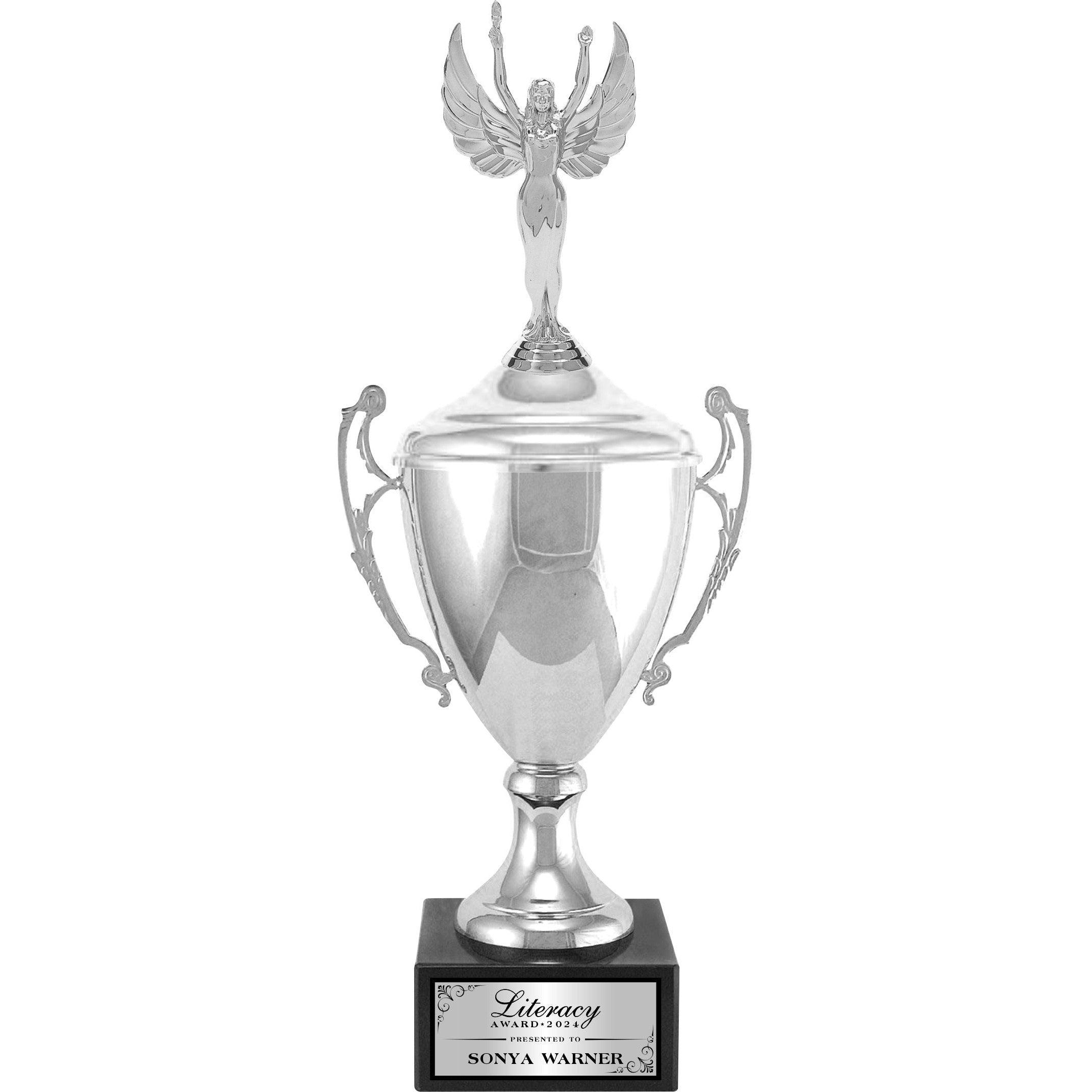 Silver Italian metal cup award with lid, winged figure, and black marble base with "Literacy Award" plate.