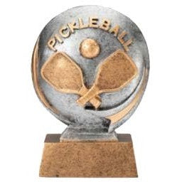 Silver and gold 5.25" Motion X Pickleball resin award with crossed paddles and ball design.
