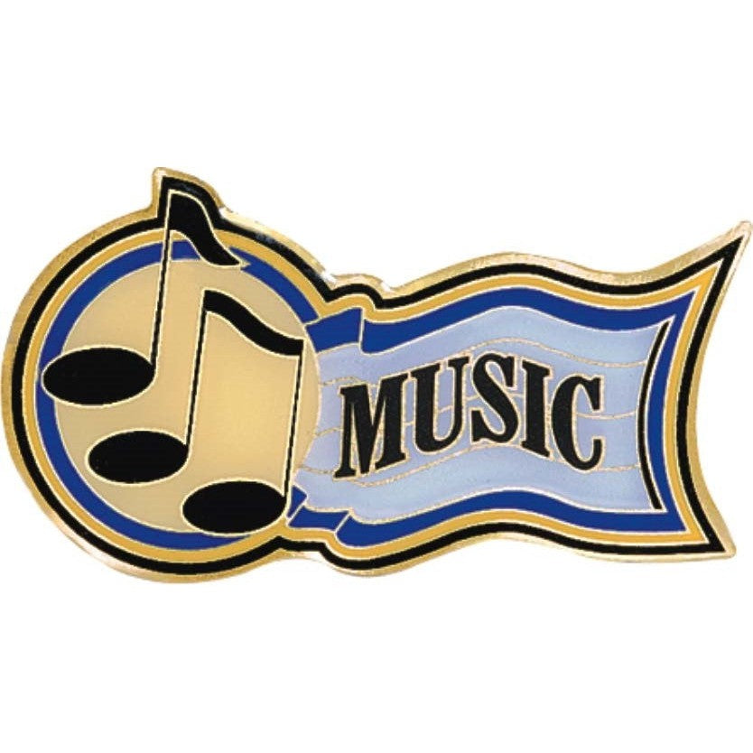 Gold and blue enamel music award pin with two eighth notes and "MUSIC" on a banner.