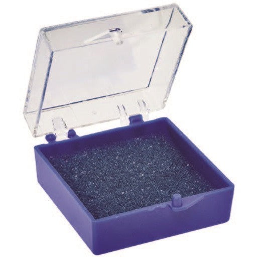 Clear plastic lapel pin box with a purple base and black foam pad, open to show interior.