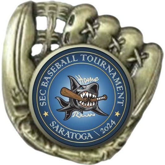 Antique gold baseball glove lapel pin with a blue custom insert featuring a shark holding a bat.