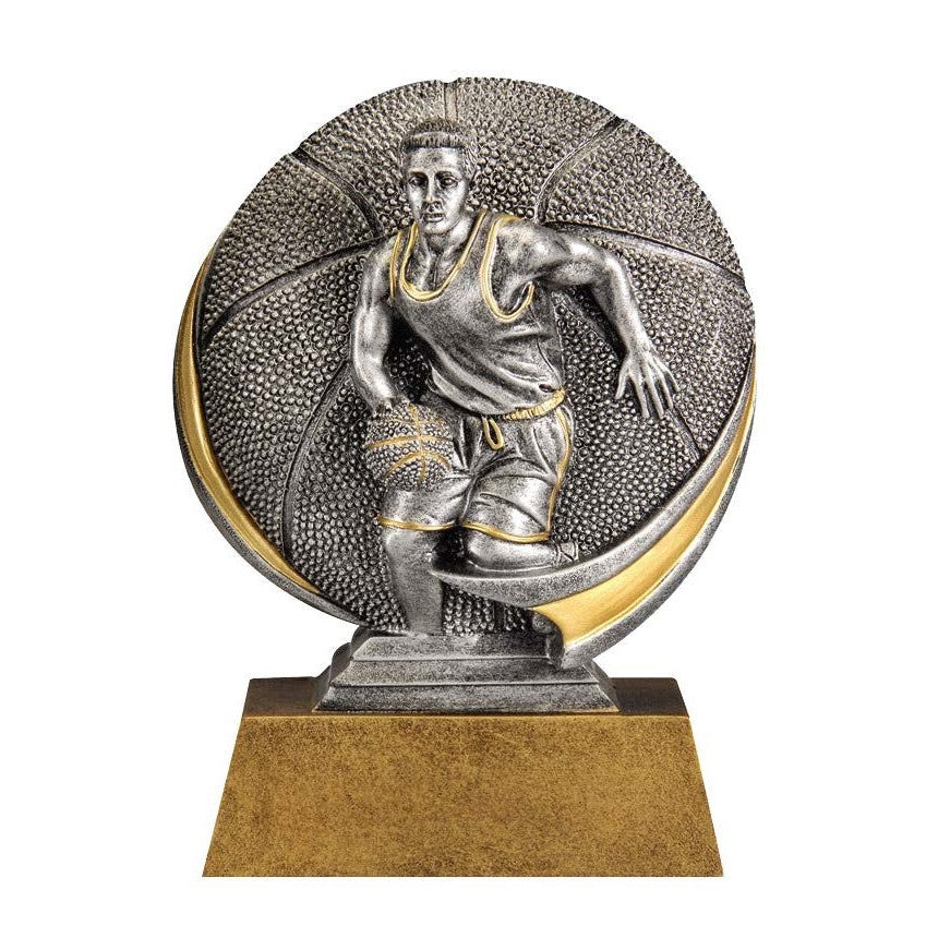 5.25" Motion X Silver & Gold Circle of Excellence basketball award with gold accents and base.