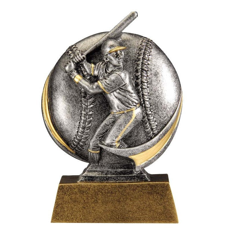 5.25" silver and gold resin baseball award with a batter figure on a baseball design.