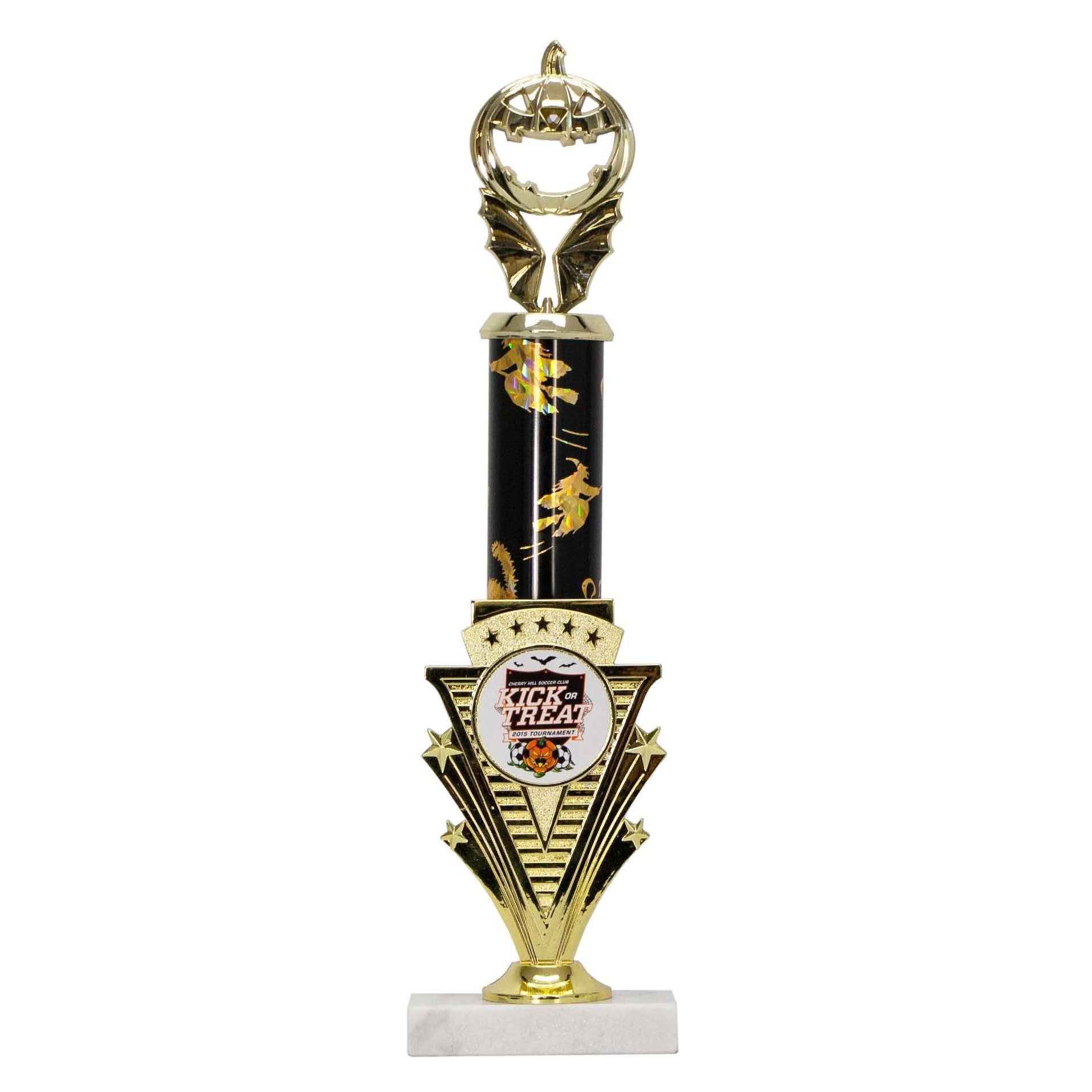 15" Halloween trophy with a gold pumpkin topper, black witchy column, and "Kick or Treat" base.