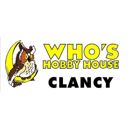 Full color printed metal name badge with "WHO'S HOBBY HOUSE CLANCY" text and an owl logo.