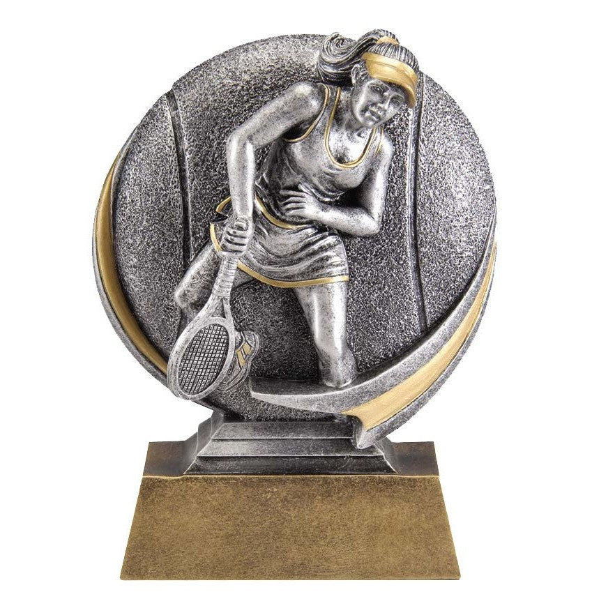 Silver and gold 5.25" Motion X resin tennis award with a female player and gold accents.