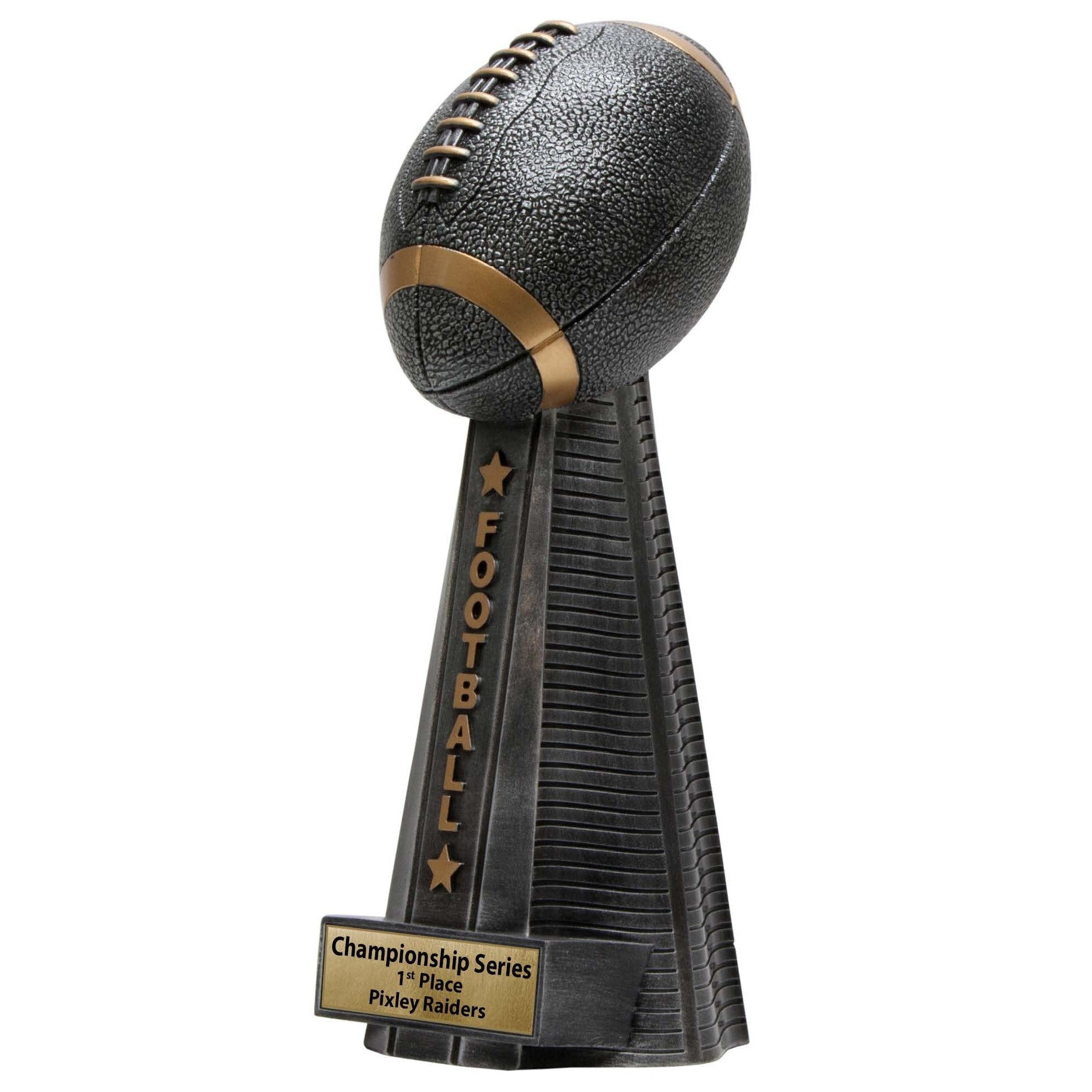 Black and gold football trophy with a textured ball, "FOOTBALL" text, and a customizable gold plate.