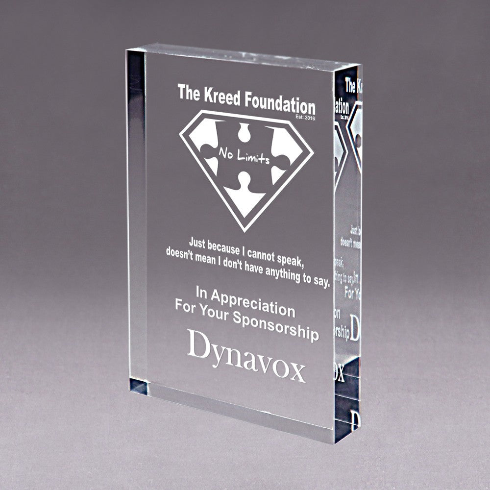 Clear acrylic block award, etched with "The Kreed Foundation" logo and appreciation text.