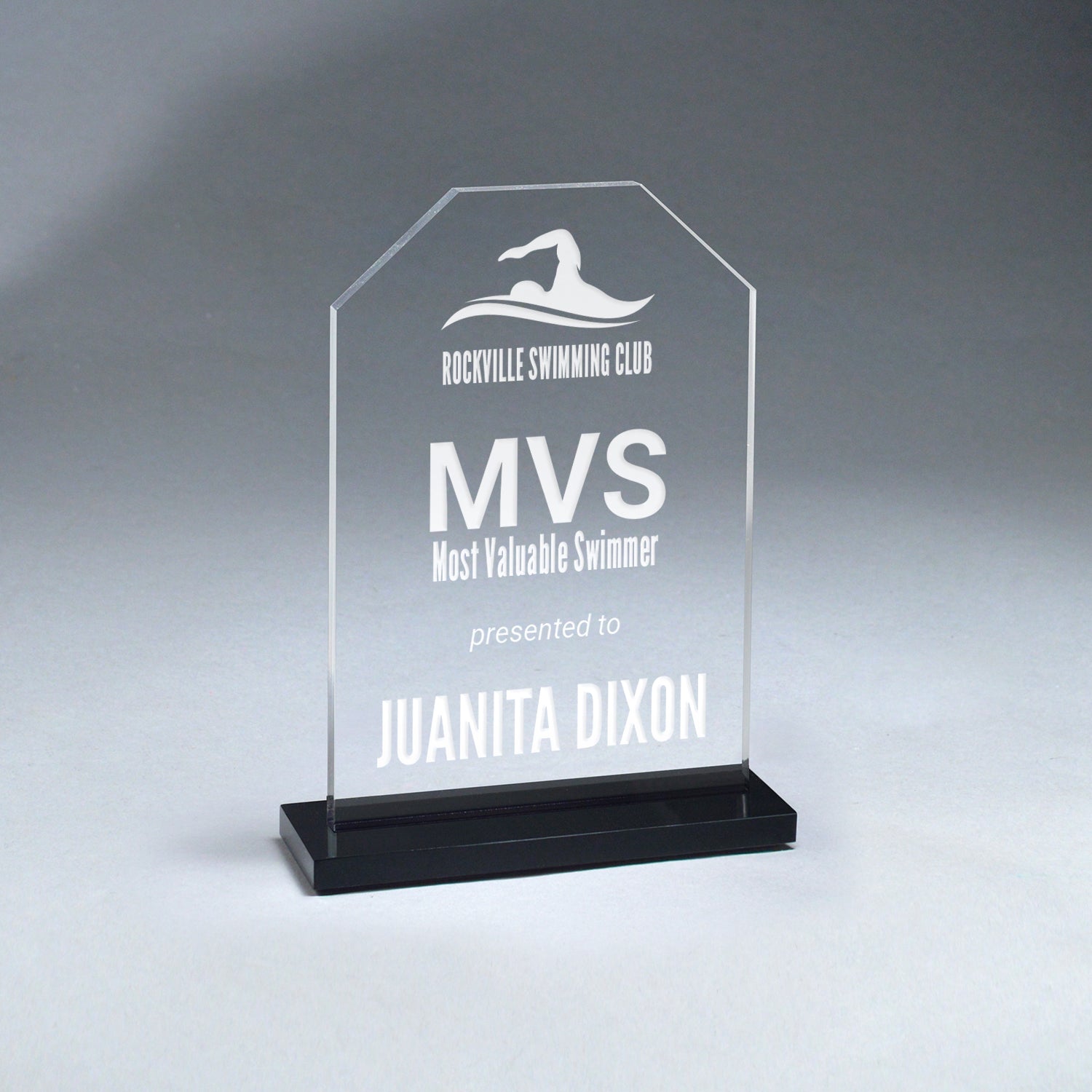 Clear acrylic Starfire Stone award, 7.5-inch, with frosted laser personalization and an ebony base.