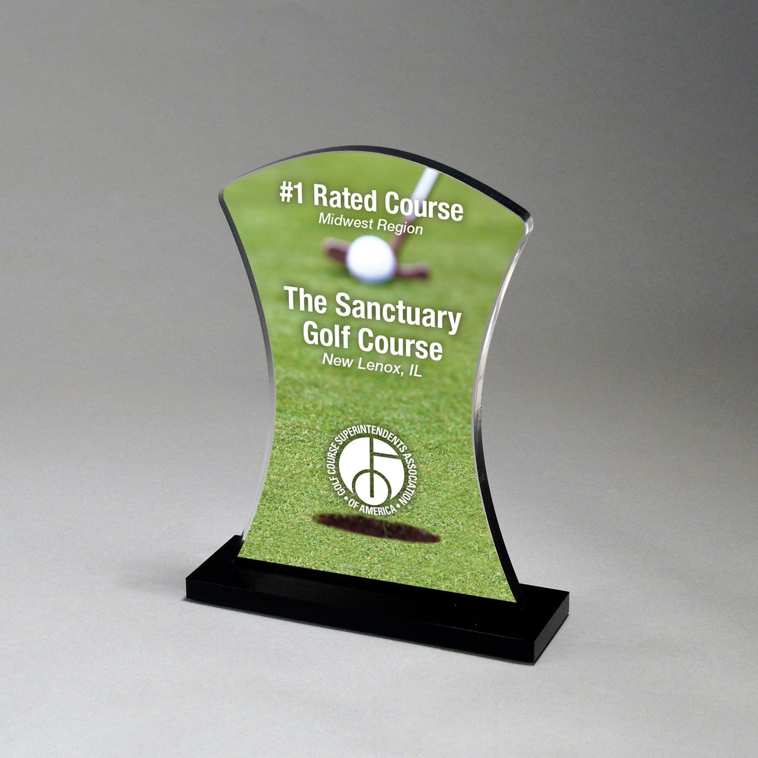 Starfire Acrylic Hour Glass Award, 7.5-inch clear acrylic with golf course image on an ebony base.