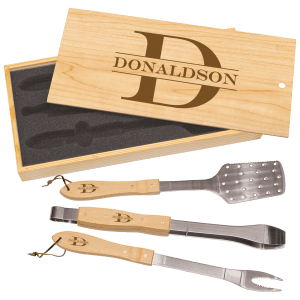 Personalized 3-piece BBQ set with light wood case, "Donaldson" laser engraved, and three stainless steel tools.