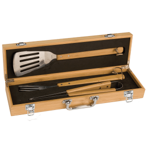 3-piece BBQ set with stainless steel tools and light wood handles, presented in an open bamboo case with black foam interior.