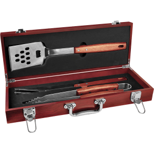 3-piece BBQ set with stainless steel tools and rosewood handles in an open, dark rosewood case.