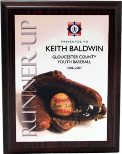 Babe Ruth Baseball "Runner-Up" full-color plaque with a baseball glove, ball, and personalized text on a dark wood frame.