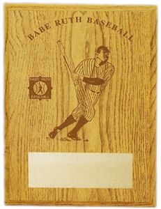 Lasered oak Babe Ruth Baseball award plaque with a gold tone personalization plate.