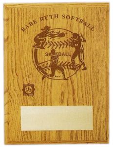 Oak Babe Ruth Softball award plaque with lasered baseball graphics and a blank gold tone plate.