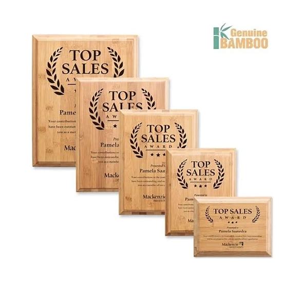 Five genuine bamboo plaques, laser-engraved with "TOP SALES AWARD" and custom text, in varying sizes.