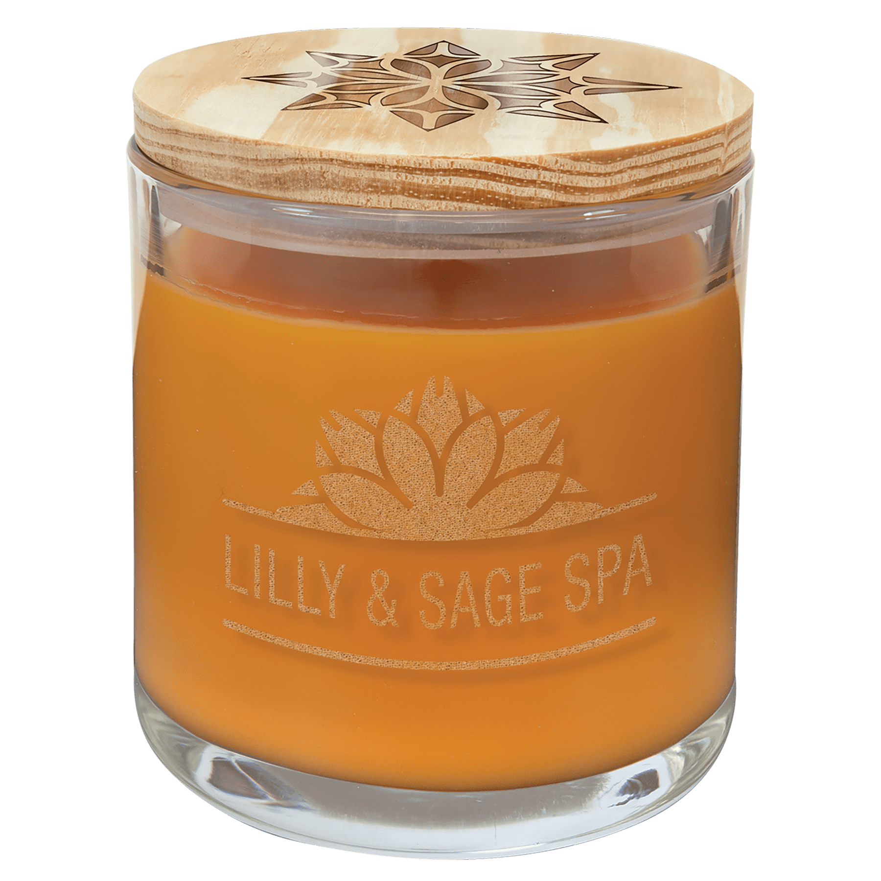 14 oz. orange scented candle in a clear glass holder with a custom engraved wood lid and logo.